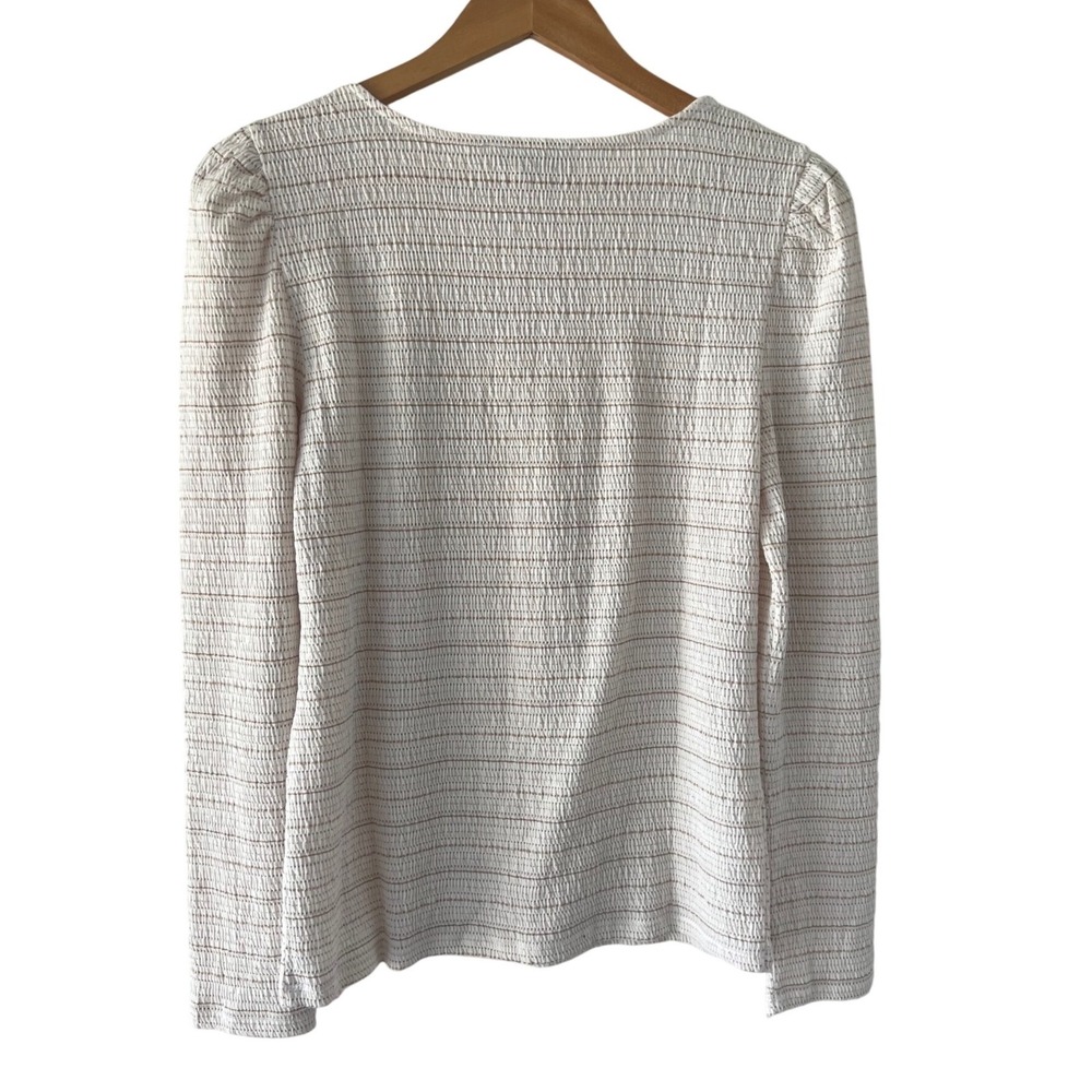 LOFT Smocked Metallic Striped Square Neck Puff Sleeve Top White Brown Gold L New - Picture 2 of 7
